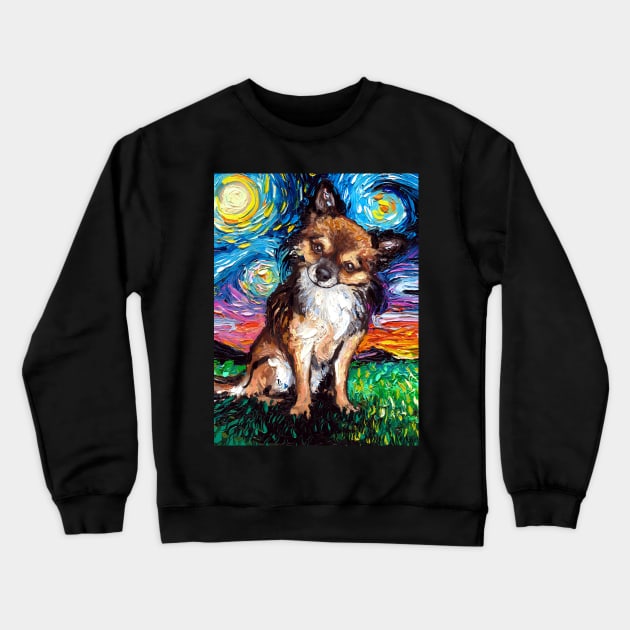 Long Haired Chihuahua Night Crewneck Sweatshirt by sagittariusgallery